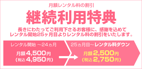 長きにわたってご利用下さるお客様に感謝を込めてレンタル料の割引をいたします