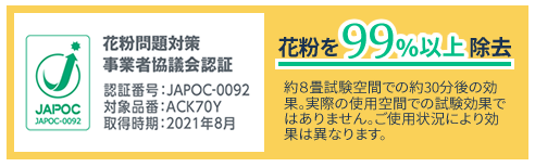 花粉を99%以上除去