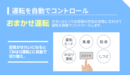 【運転を自動でコントロール】おまかせ運転・ボタンひとつでお部屋の空気の状態に合わせて運転を自動でコントロール。空気がきれいになると「みはり運転」に自動で切り替わるので、ムダなく快適です。