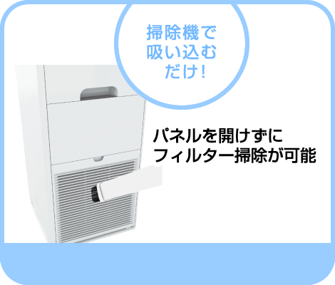 パネルを開けずにフィルター掃除が可能・掃除機で吸い込むだけ!