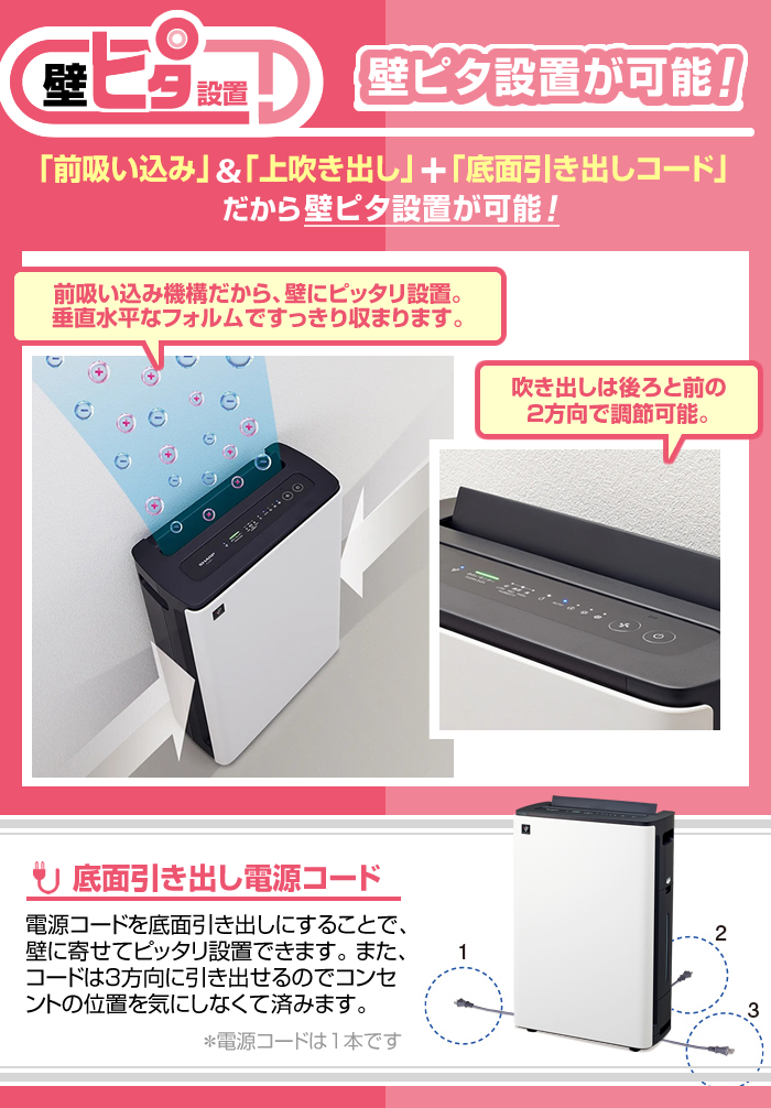前吸い込み機構だから、壁にピッタリ設置。垂直水平なフォルムですっきり収まります。