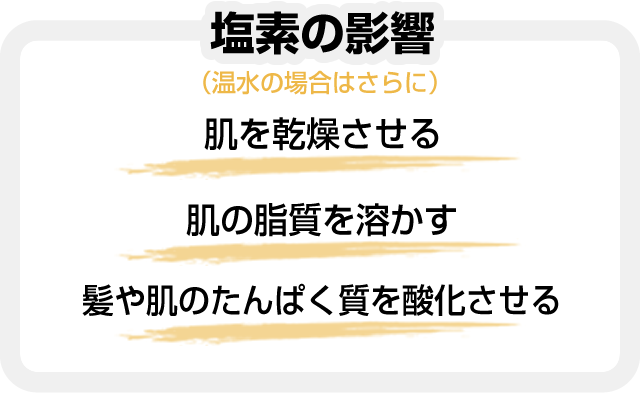「肌を乾燥させる」「肌の脂質を溶かす」「髪や肌のたんぱく質を酸化させる」（温水の場合はさらに）