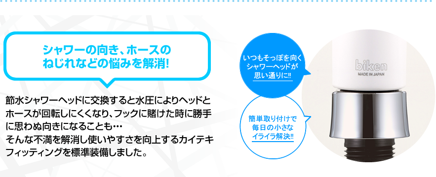 節水シャワーヘッドに交換すると水圧によりヘッドとホースが回転しにくくなり、フックに賭けた時に勝手に思わぬ向きになることも・・・