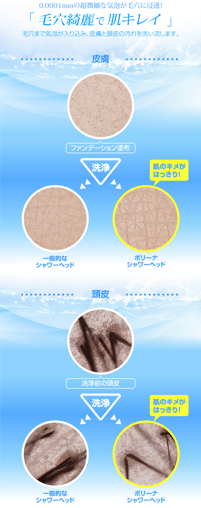 毛穴綺麗で肌キレイ～毛穴まで気泡が入り込み、皮膚と頭皮の汚れを洗い流します。～