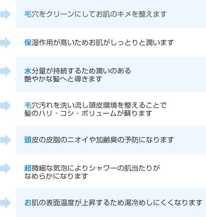 。皮脂のニオイや加齢臭の予防に。シャワーの肌当たりがなめらかに。湯冷めしにくくなります。