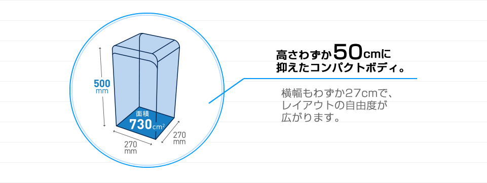 高さわずか50cmに抑えたコンパクトモデル。横幅もわずか27cm。