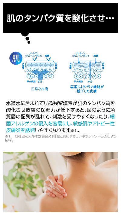 水道水に含まれている残留塩素が肌のタンパク質を酸化させ皮膚の保湿力が低下すると、図のように角質層の配列が乱れて、刺激を受けやすくなったり、細菌アレルゲンの侵入を容易にし、敏感肌やアトピー性皮膚炎を誘発しやすくなります。※一般社団法人浄水器協会発刊「髪と肌にやさしい浄水シャワーＱ＆Ａ」より抜粋。
