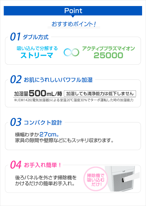 ダイキン「光速ストリーマ」搭載・アクティブプラズマイオン25000・ダブル方式、PM2.5対応、花粉運転機能、静音設計、有効畳数25畳　加湿量500mL/時　加湿しても清浄能力は低下しません。お手入れ簡単。